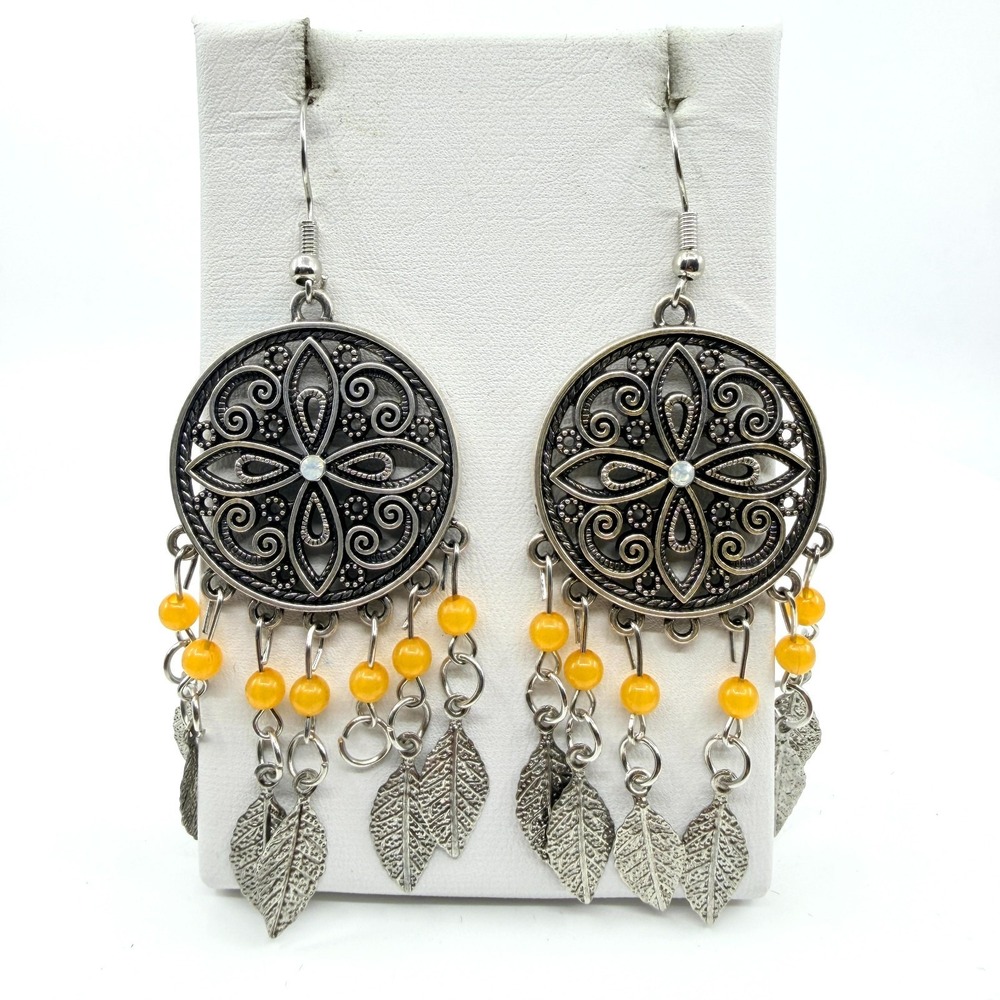 Vintage Boho Silver Filigree Mandala Dangle Earrings with Yellow Bead 90s
